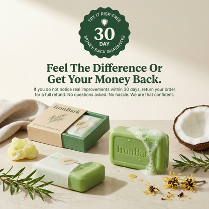NAIA Ironbark Relief & Clear Bar showing natural soap with a clear glycerin base and ironbark botanical ingredients.